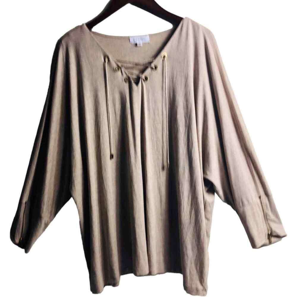 Calvin Klein Taupe Lace Up Dolman Sleeve Cuff Blouse